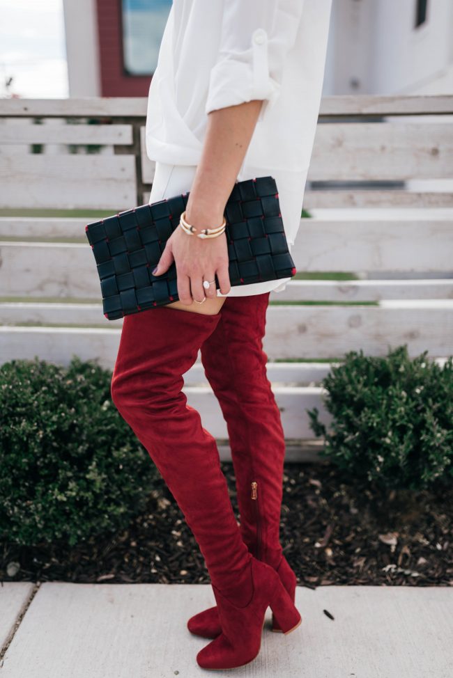 maroon thigh high boots outfit