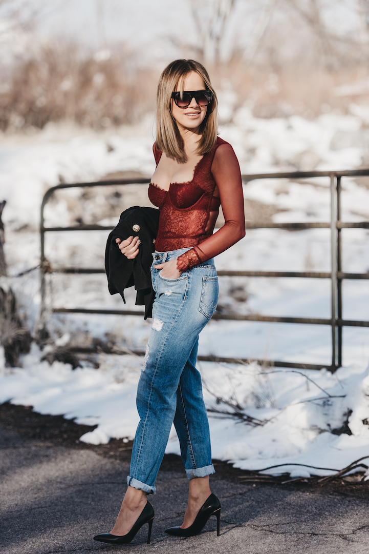 lace teddy with jeans