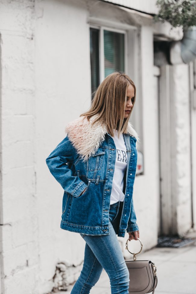 faux fur collar reconstructed denim jacket under $150 • The Fashion Fuse